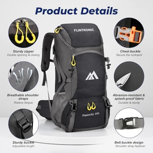flintronic 50L Backpack, Ultra Lightweight Large Capacity Hiking Backpack, Waterproof Foldable Rucksack for Men Women Hiking Travelling Camping Outdoor Sports (Black) — view 3