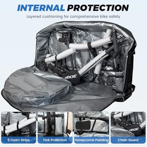 Exquimac Bike Travel Case & Bike Travel Bag - Bicycle Pro Transport Equipment for Air Flights - Oversized Capacity, Waterproof Fabric with 4 Aluminum Support Bars, Wheel Protection Tubes & YKK Zippers — view 4