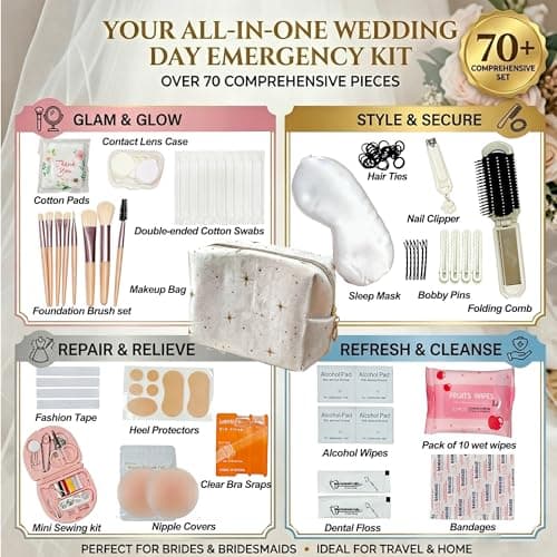 FUNWOOD Wedding Emergency Kit (Contains Alcohol & Wet Wipes), 70-in-1 Bridal Survival Pack, white, Bridal,bride to Be, Bridesmaid — view 3