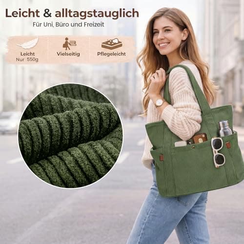 Captain Blues Tote Bag for Women with Zip, Large Capacity Work Bag with Compartments & Pockets, Soft Cotton Lining, for College, Teacher, Uni, School, Travel, Shopping (Green) — view 5