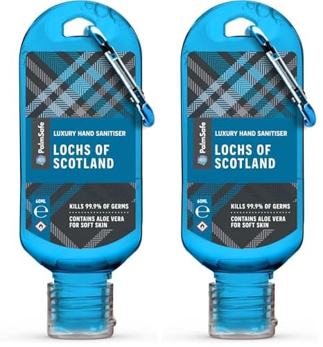 Palm Safe Lochs of Scotland 60ml Anti Bacterial Premium Hand Sanitiser Travel Size Refillable Clip Bottle Quick Drying Non Sticky Extra Moisturising Kills 99.9% of Viruses and Bacteria (Pack of 2)