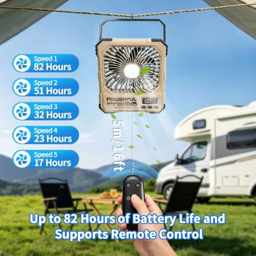yAyusi 20000mAh Rechargeable Camping Fan, Ultra-Slim 8" Battery Powered Portable Travel Fan with Light&Remote, Maximum Battery Life of 82 Hours, Hook for Tent, Outdoor Home (Khaki) — view 2