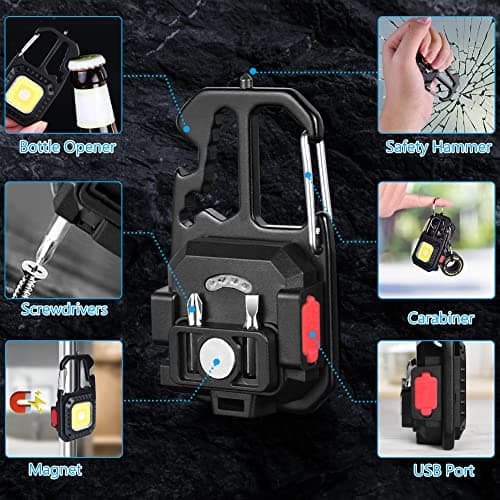 URAQT Mini LED COB Flashlight, 1000 Lumens 500mAh 7 Light Mode Upgraded Handheld Keychain Torch, Work Multifunctional Emergency LED Keyring Flashlight Rechargeable with Window Breaker Bottle Opener — view 3