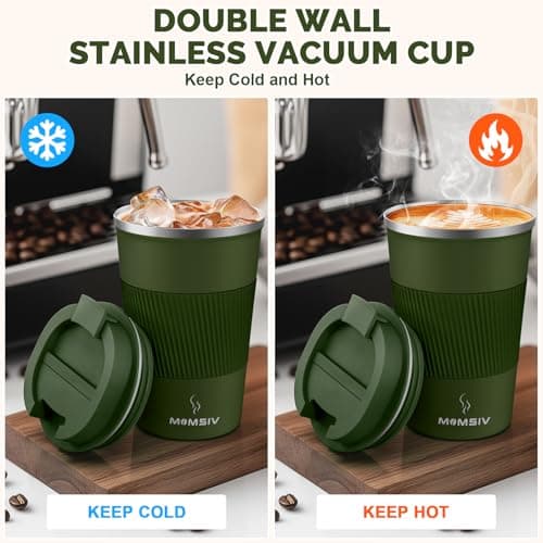 MOMSIV Coffee Cup, Insulated Coffee Cup with Leakproof Lid, Non-Slip Vacuum Reusable Stainless Steel Eco-Friendly Travel Office Mug for Hot and Cold Water Coffee and Tea, 380ml/13oz(ArmyGreen) — view 3