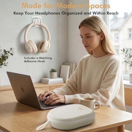 ARVOK Headphone Case Super-Slim PU Hard Shell for Sony/JBL/Bose/Soundcore Anker/BERIBES/KVIDIO/TOZO/JLab Over-Ear Headphones, Universal Travel Portable Bag with Adhesive Hook,Beige — view 6