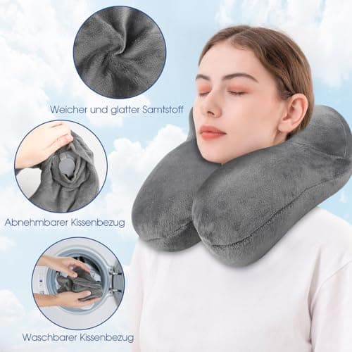 BBjinronjy Travel Pillow, Inflatable Neck Pillow for Airplane with Ear Plugs, Soft Velvet Ergonomic Neck Support Travel Pillow Inflatable for Office, Airplane, Car, Travel, Camping, Nap Pillow (Gray) — view 4
