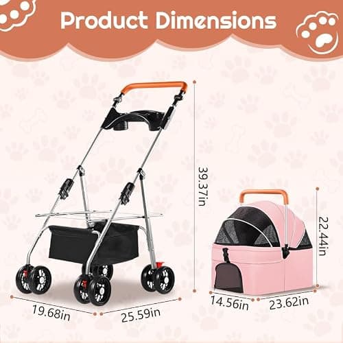 Simcat Pet Stroller for Small Dogs Cats, Foldable Cat Dog Pram for Medium Dogs with 360 ° Wear-Resistant Rubber Wheels Dog Travel Carrier (Pink) — view 2