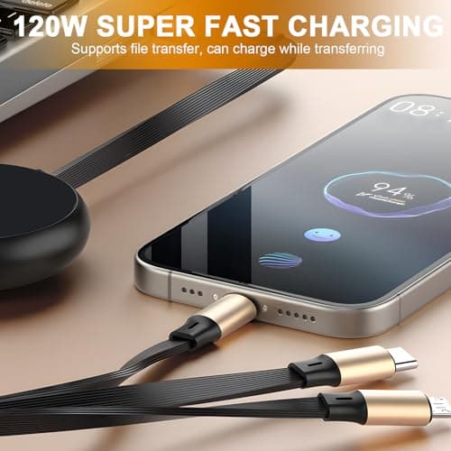 120W Retractable Multi Charger Cable 2 in 3, Fast Charging Cable USB A/C to PD/USB C/Micro B, Cord For Smartphones, Laptops, Tablets, Portable Travel Car Accessories, Tangle Free Black Gold 1.2M — view 6