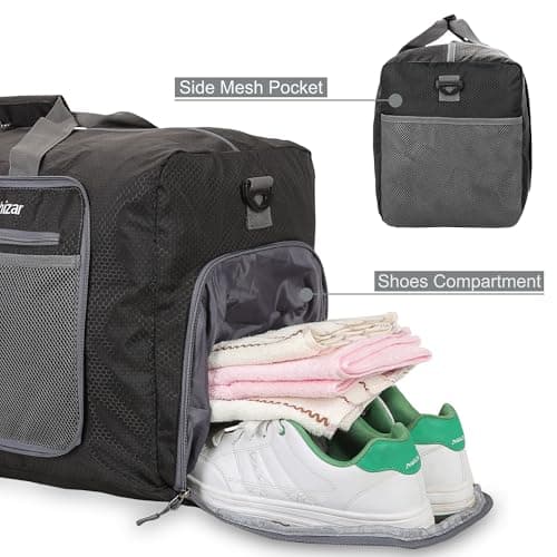 Bekahizar Travel Duffle Bag 60L Lightweight Foldable Holdall Duffels Large Weekend Overnight Bag Packable Carry On Luggage with Shoe Compartment for Men Women Camping Storage Gym Beach (Black) — view 4