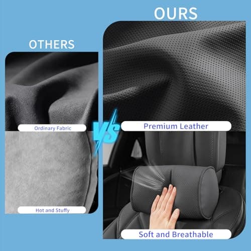 Dapucarin Car Headrest Pillow for Driving - Luxury Leather 100% Memory Foam, Ergonomic Neck Support - Universal Fit Head Rest Travel Pillow for Most Cars, Home & Office, Black, 2 Pack — view 3