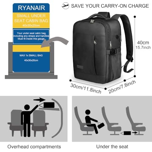 For Ryanair Cabin Bags 40x30x20 Travel Backpack Cabin Size Underseat Anti Theft Cabin Backpack, 24L Carry On Bag Hand Luggage Rucksack for Men and Women Airplanes Flight, Fit 14 inch Laptop (black) — view 2