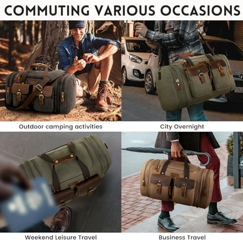 Imyth 60L Large Capacity Leather Duffle Bag - Classic Vintage Expandable Canvas Weekend and Overnight Travel Bag, Airplane Carry-On Luggage（Coffee） — view 6