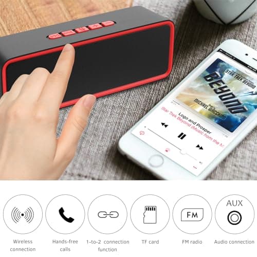 Sonkir Portable Wireless Speaker, Wireless 5.0 Mini Speaker with 3D Stereo Hi-Fi Bass, Built-in 1500 mAh Battery, Support TF Card and AUX (Red) — view 5