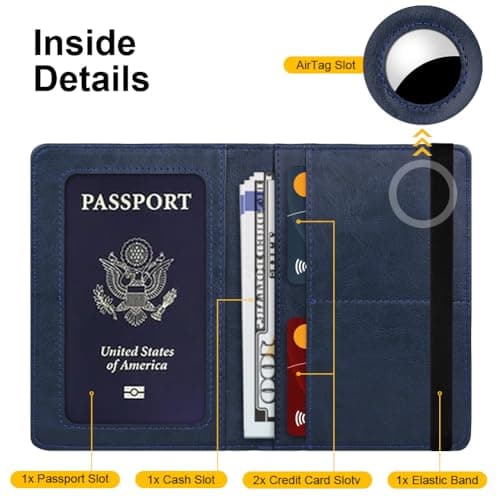 AOOSU Airtag Wallet Passport Holder Cover, PU Leather Passport Cover with RFID Blocking Travel Wallet, Portable Universal Travel Wallets Case Organiser for Money, Boarding Passes, Cards Navy Blue — view 6