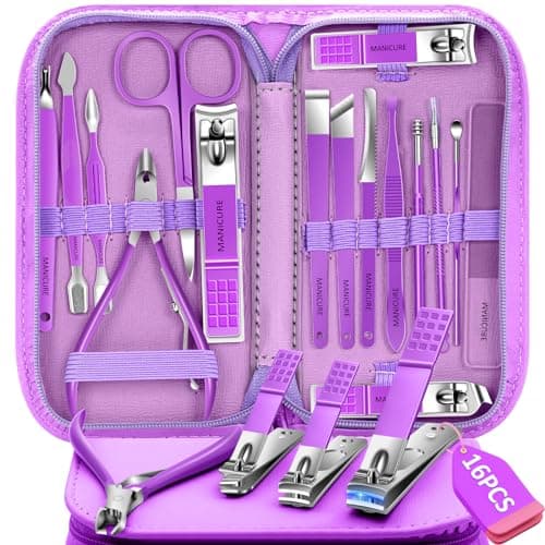 Manicure Pedicure Set - 16 Pcs Nail Clipper Set Professional Nail Grooming Tools Manicure Pedicure Kit, Nail Care Kit Idea for Men Women with Travel Case Purple