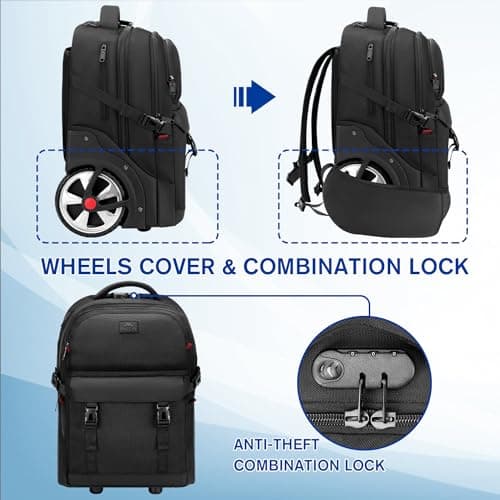 MATEIN Backpack with Wheels, 17 inch Travel Rucksack on Wheel, Black — view 3