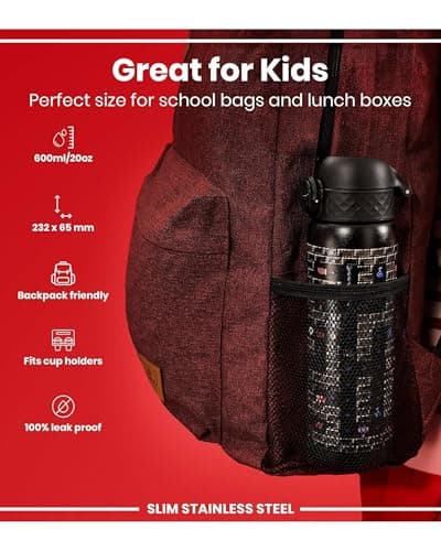 ION8 Lightweight Steel Water Bottle, 600 ml/20 oz, Non-Insulated, Leak Proof, Easy to Open, Secure Lock, Dishwasher Safe, Flip Cover, Fits Cup Holders, Carry Handle, Metal Water Bottle, Gamer — view 6