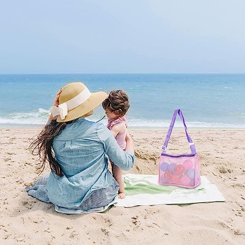 GLADFRESIT Mesh Beach Bag - Shell Net Tote for Seashell Collecting and Beach Accessories (Pink Purple Band) — view 4
