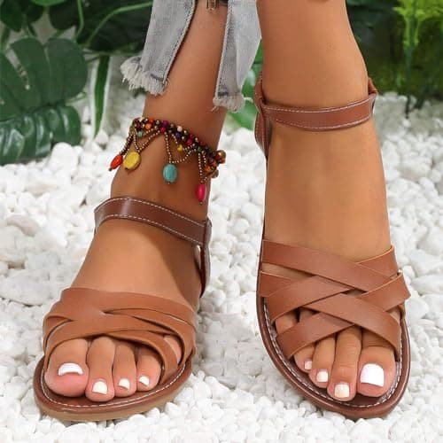 Women's Sandals UK Slingback Flat Feet Leather Roman Sandals Women Casual Travel Breathable Flip Flop Womens Wide Fit Slippers Ladies Summer Beach Shoes for Indoor and Outdoor Size 3.5-7.5 Brown — view 6