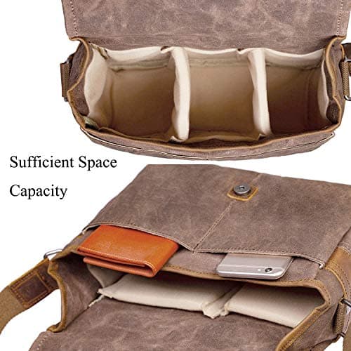 ONEGenug SLR Camera Bag, Waterproof Wax Canvas Bag Vintage Camera Case Messenger Bag with Interlayer Pad (Khaki) — view 3