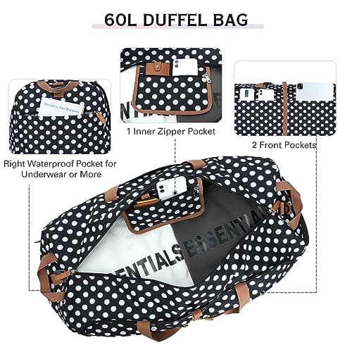 Lekesky Large Foldable Travel Duffe Bag - 80L Waterproof Holdall Luggage Bag with Shoes Compartment, Weekend Overnight Sports Bag for Women and Men(White Dots, 72 * 33 * 34cm) — view 4
