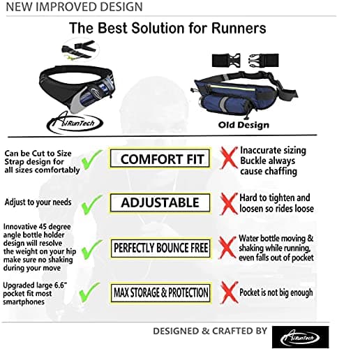 AiRunTech Running Belt with Water Bottle Holder No Bounce Hydration Belts Waist Pack Bag Fits iPhones for Runners Marathon Running Hiking Cycling (Without Bottle Hydration Belt (Black)/L — view 3