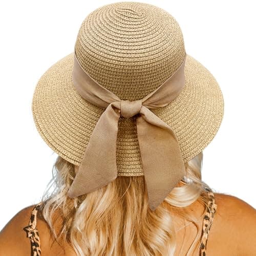lifwimner Straw Sun Hats for Women UV Protection, Foldable Floppy Bowknot Straw Hats Wide Brim Summer Beach Cap with Chin Strap for Beach Vacation Travel Holiday (UK, Alpha, M, Khaki)