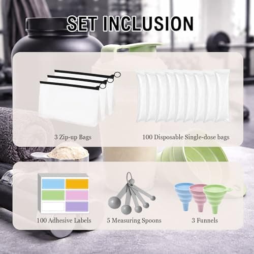 100 PCS Protein Powder Dispenser Set | Portable Protein Powder Storage Pots with Funnel, Labels & Measuring Spoon, Travel Protein Powder Containers for Gym, Fitness, Workouts, Travel and Trips — view 2