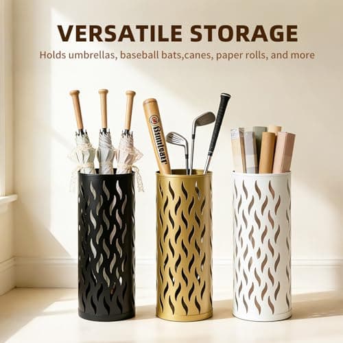 HUAXITRA Umbrella Stand Metal Umbrella Holder for Entryway, Umbrella Storage Rack with 4 Hooks Decor, Walking Stick Stand Indoor/Outdoors for Entryway Home, Office, 15 × 15 × 42cm (Gold) — view 6