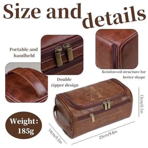 Personalised Men Toiletry Bag, Custom Engraved Travel Dopp Kit with Name Initials, Valentines Gift, Groomsmen & Best Man Gift, Father's Day, Wedding, Birthday Present for Husband, Light Brown — view 2