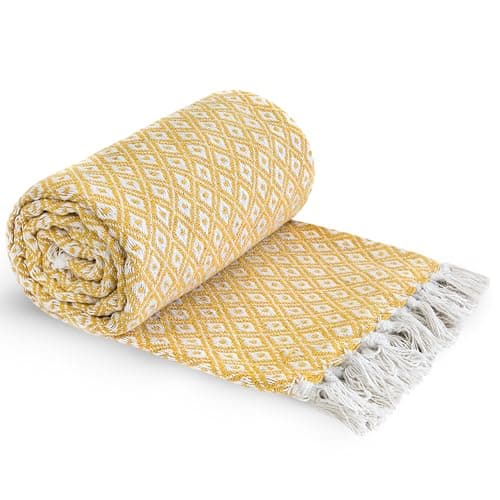 Emma Barclay Casablanca - Scandi Woven Recycled Cotton Chair Sofa Setee Bed Throw Over Blanket in Ochre - 50x60 (127x152cm)