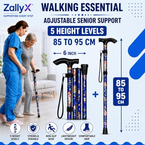 ZallyX Foldable Walking Sticks for Men & Women, 85–95cm Adjustable Ladies Walking Stick, Mobility aids, Collapsible walking stick For Elderly Adults (Blue Flower) — view 5