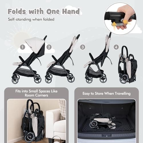 COSTWAY Baby Pushchair, One Hand Foldable Toddler Stroller with Adjustable Backrest & Canopy, 5-Point Harness, Storage Basket, Lightweight Travel Pram for Infants 0-36 Months (Beige) — view 4