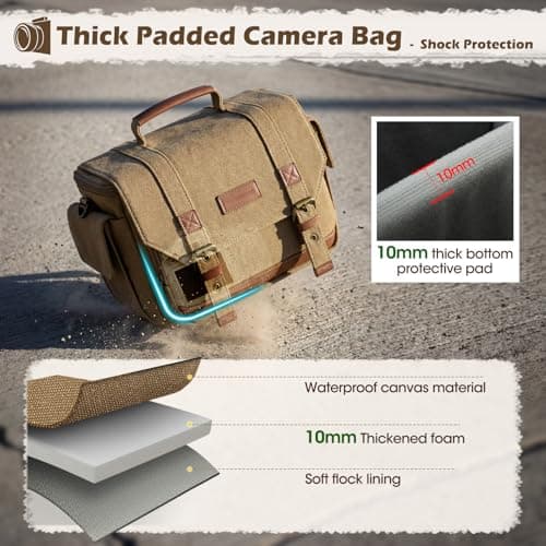 RAINSMORE Vintage Camera Sling Bag, Waterproof Canvas DSLR Mirrorless Crossbody Bag with 10mm Shockproof Padding, Rain Cover & Tripod Holder, Photography Shoulder Messenger Bag for Men Women Khaki — view 2
