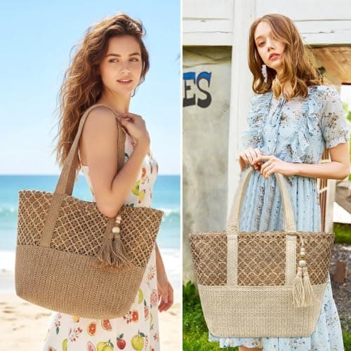 YAMEIZE Straw Woven Beach Shoulder Bags for Women Big Foldable Straw Tote bag Lightweight Raffia Bag with Zipper Summer Vacation — view 2