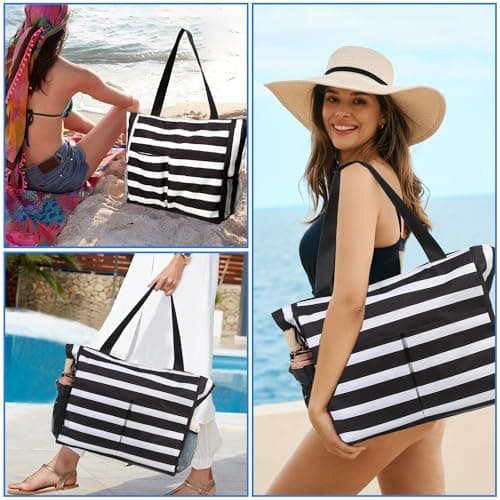 TAHAVICE Beach Tote Bags for Women with Zip, Large Waterproof Beach Bag with Pocket, Summer Beach Bags for Travel, Shopping, Pool, Gym — view 2