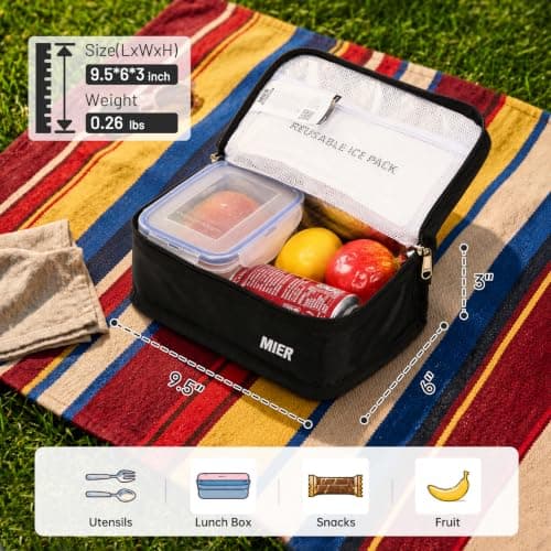 MIER Portable Thermal Insulated Cooler Bag Mini Lunch Bag for Kids, Black — view 2