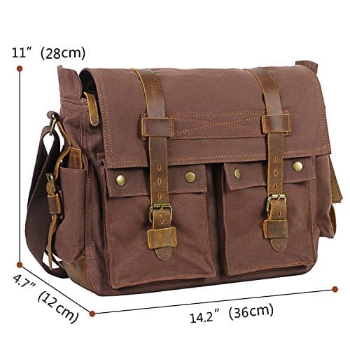 autumndeer Laptop Bag 14.5 inch Mens Vintage Casual Canvas Messenger Bag Men's Military Leather Canvas Travel Briefcase Crossbody Satchel Shoulder School Bag for Notebook Laptop — view 4