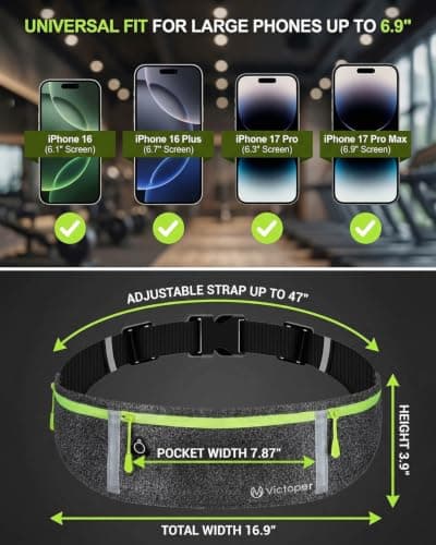 Victoper Running Belt, Running Belts for Women Men,Phone Holder for Running for iPhone 17 Pro Max/16/15 Pro,Running Waist Pack with Reflective Strip Headphone Hole for Running Workout Walking — view 6