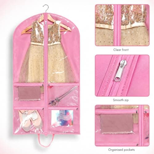 Dance Costume Garment Bag 40 Inch,Pink Hanging Ballet Recital Tutu Dress Cover,Foldable Dance Clothes Carrier for Shoes Tights Leotard Accessories, Girls Women Competition Travel Suit Bag — view 6