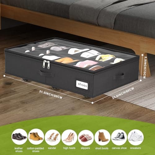 VERONLY Under Bed Shoe Storage Organiser with Wheels for Closet Fits 24 Pairs- Sturdy Underbed Shoe Storage Box Bins,Set of 2 (Black) — view 2
