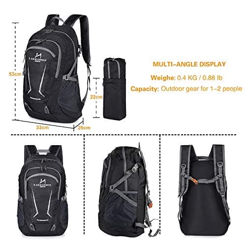 Loocower 45L Lightweight Foldable Backpack Walking Rucksack Hiking Daypack Packable Camping Travel Outdoor Sport Knapsack for Men Women - Black — view 2