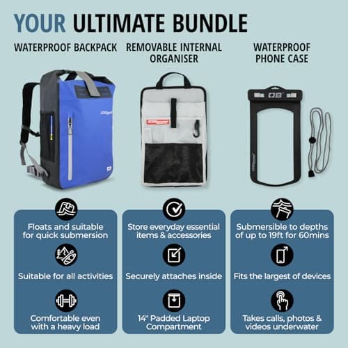 OverBoard Blue Explorer Waterproof Backpack 30L Bundle | Roll Top Floating Dry Bag for Kayaking, Beach, Boating, Hiking, Rafting | Includes Waterproof Phone Case and Backpack Organiser (Blue,30 Litre) — view 2