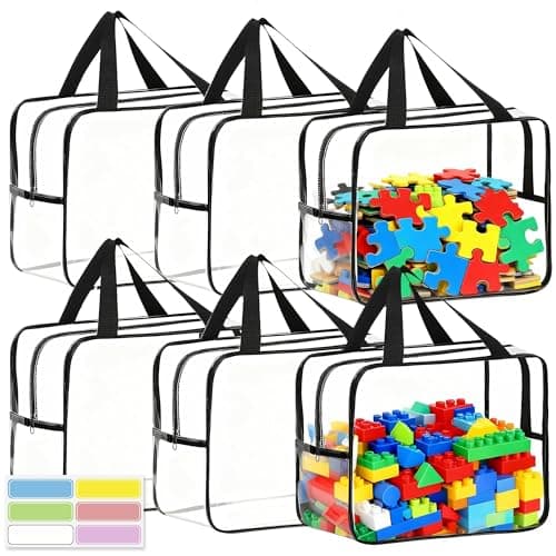 6 Pack Toy Storage Bags with Labels and Zipper, Reusable PVC Toy Organizer