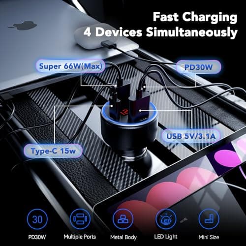 USB C Car Charger With Cable, 78W 4 Port Car Charger Adapter with Voltmeter Car Phone Charger Cigarette Lighter USB Charger Fast Charging for iPhone 16/15/14/13/12, Samsung Galaxy, iPad — view 2