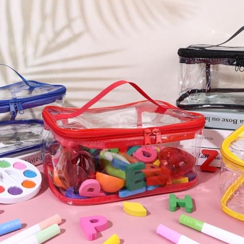 4 Pcs Clear PVC Toy Storage Bags with Handles 9.1x6.7x3.9 Inch Travel Toiletry Bags Waterproof Toy Storage Organizer Pouch with Zipper, Toys Board Game Storage Container for Building Blocks Puzzle — view 4