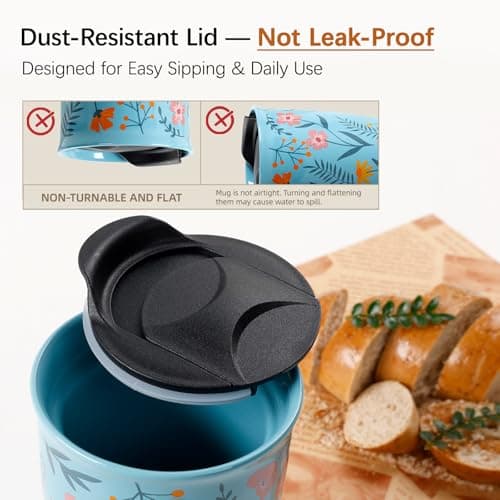 ANTIS'S HOME Ceramic Travel Mug with Lid, Double Wall Coffee Cup with Flower Pattern, Reusable Tumbler for Hot Drinks, Microwave & Dishwasher Safe, Gift for Office, Home & Christmas, Blue — view 4