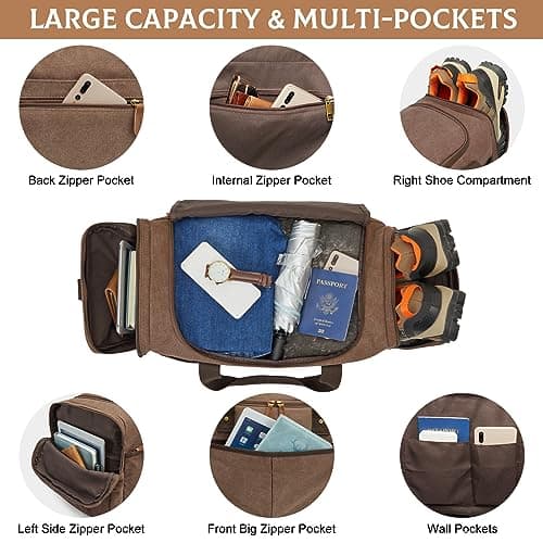 S-ZONE 65L Expandable Canvas Duffle Bag Travel Overnight Holdall Weekend Bag with Shoes Compartment Large Carry On Bag Tote Gym Bag for Men Women — view 3