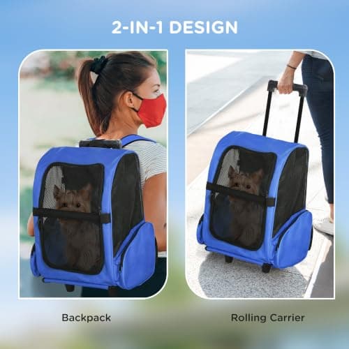 PawHut Pet Travel Backpack Bag Cat Puppy Dog Carrier w/ Trolley and Telescopic Handle Portable Stroller Wheel Luggage Bag (Blue) — view 4