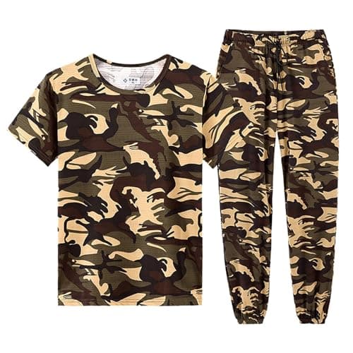 2026 Men's Camo T-Shirt Sport Fitness Short Sleeve Crew Neck Shirt Cargo Trousers Outdoor Hiking Drawstring Pocket Athletic Jogging Bottoms Set, yellow, XL